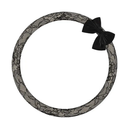 Lace Steering Wheel Cover 15 Inch Diameter Elegant Black with Large Cute Bow-Knot Design Aesthetic Car Interior Decoration Non-Slip Universal Fit for Women Men