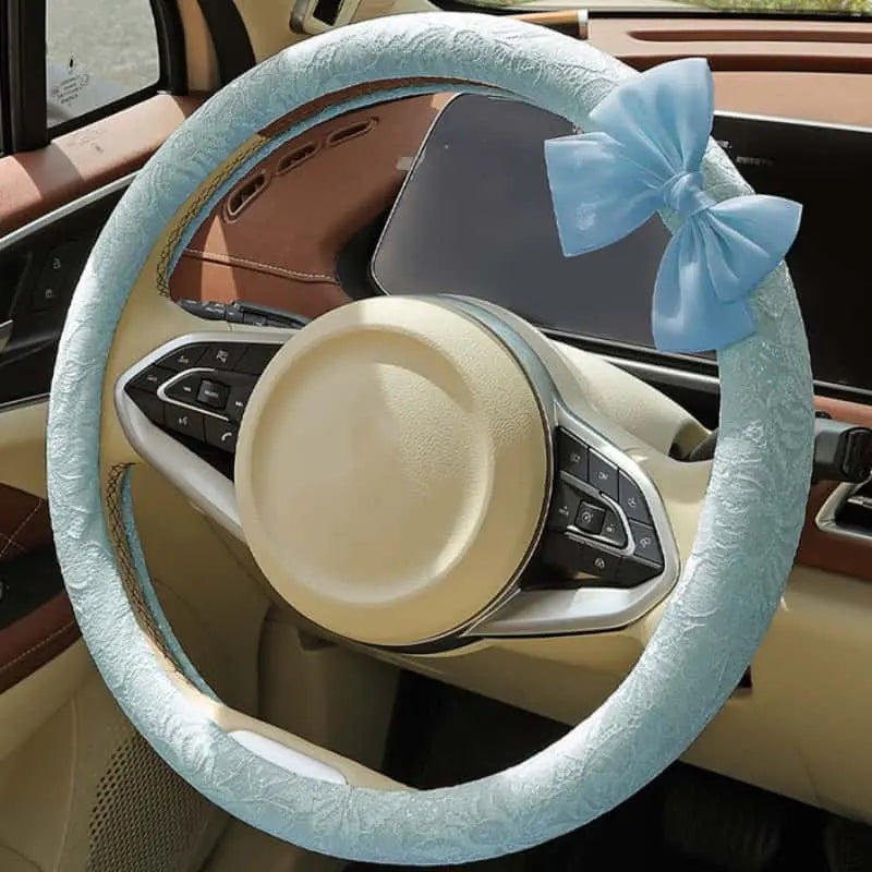 Lace Steering Wheel Cover 15 Inch Diameter Elegant Black with Large Cute Bow-Knot Design Aesthetic Car Interior Decoration Non-Slip Universal Fit for Women Men