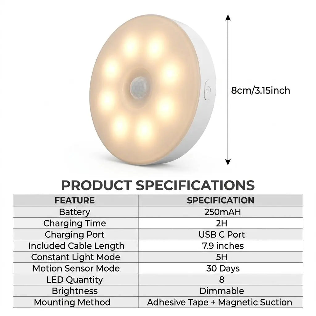8 Leds Smart Motion Sensor Ninght Lihgt，Portable Motion-Sensor Light Indoor USB Rechargeable Automatic LED Lights for Stair, Closet, Hallway,Bed Room