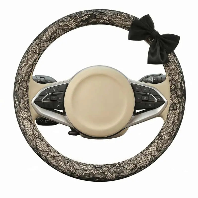 Lace Steering Wheel Cover 15 Inch Diameter Elegant Black with Large Cute Bow-Knot Design Aesthetic Car Interior Decoration Non-Slip Universal Fit for Women Men