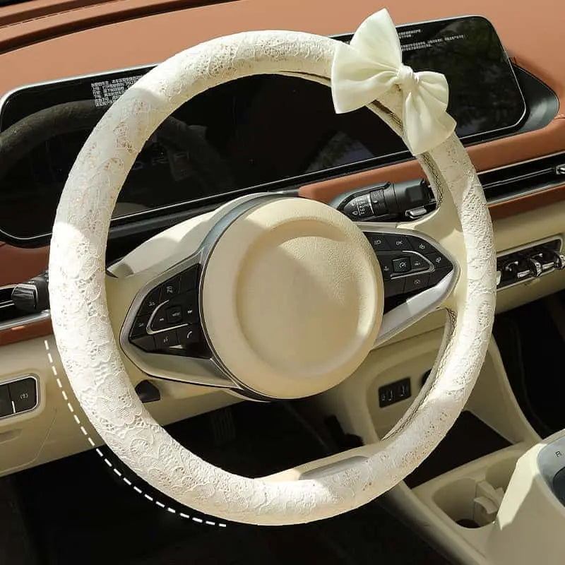 Lace Steering Wheel Cover 15 Inch Diameter Elegant Black with Large Cute Bow-Knot Design Aesthetic Car Interior Decoration Non-Slip Universal Fit for Women Men