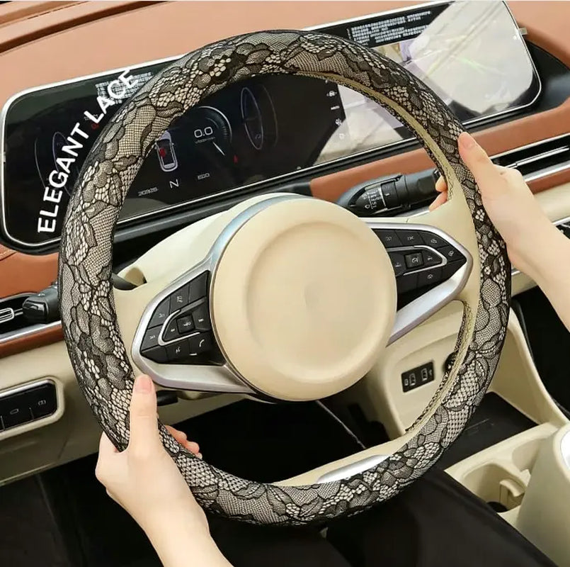 Lace Steering Wheel Cover 15 Inch Diameter Elegant Black with Large Cute Bow-Knot Design Aesthetic Car Interior Decoration Non-Slip Universal Fit for Women Men
