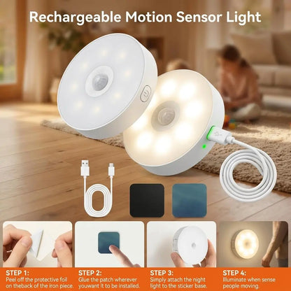 8 Leds Smart Motion Sensor Ninght Lihgt，Portable Motion-Sensor Light Indoor USB Rechargeable Automatic LED Lights for Stair, Closet, Hallway,Bed Room