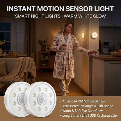 8 Leds Smart Motion Sensor Ninght Lihgt，Portable Motion-Sensor Light Indoor USB Rechargeable Automatic LED Lights for Stair, Closet, Hallway,Bed Room