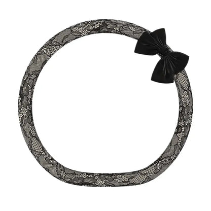 Lace Steering Wheel Cover 15 Inch Diameter Elegant Black with Large Cute Bow-Knot Design Aesthetic Car Interior Decoration Non-Slip Universal Fit for Women Men