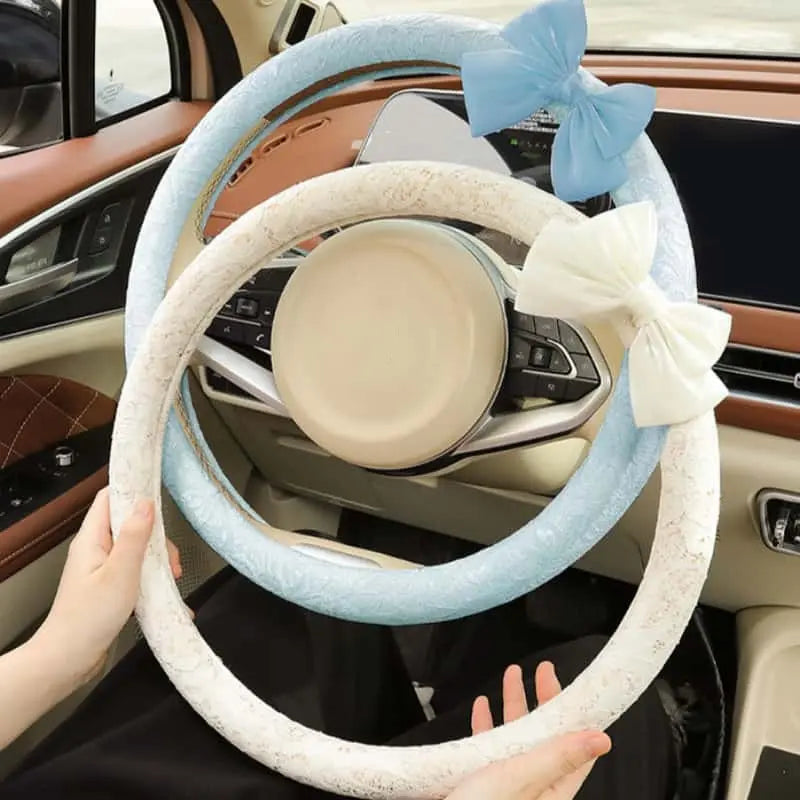 Lace Steering Wheel Cover 15 Inch Diameter Elegant Black with Large Cute Bow-Knot Design Aesthetic Car Interior Decoration Non-Slip Universal Fit for Women Men