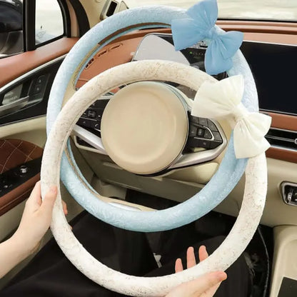 Lace Steering Wheel Cover 15 Inch Diameter Elegant Black with Large Cute Bow-Knot Design Aesthetic Car Interior Decoration Non-Slip Universal Fit for Women Men