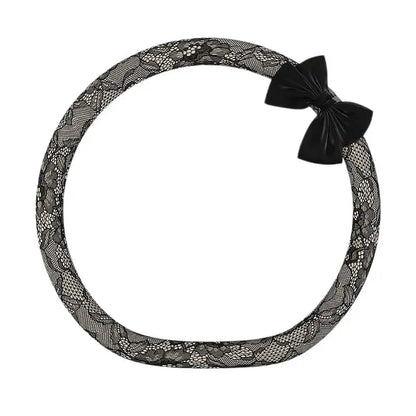 Lace Steering Wheel Cover 15 Inch Diameter Elegant Black with Large Cute Bow-Knot Design Aesthetic Car Interior Decoration Non-Slip Universal Fit for Women Men