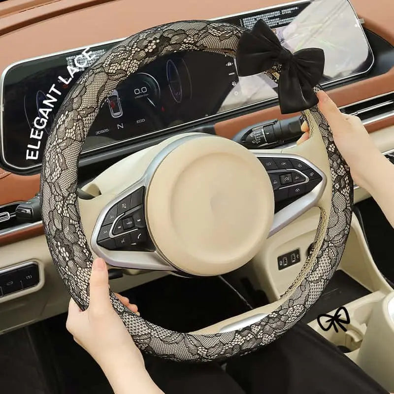 Lace Steering Wheel Cover 15 Inch Diameter Elegant Black with Large Cute Bow-Knot Design Aesthetic Car Interior Decoration Non-Slip Universal Fit for Women Men